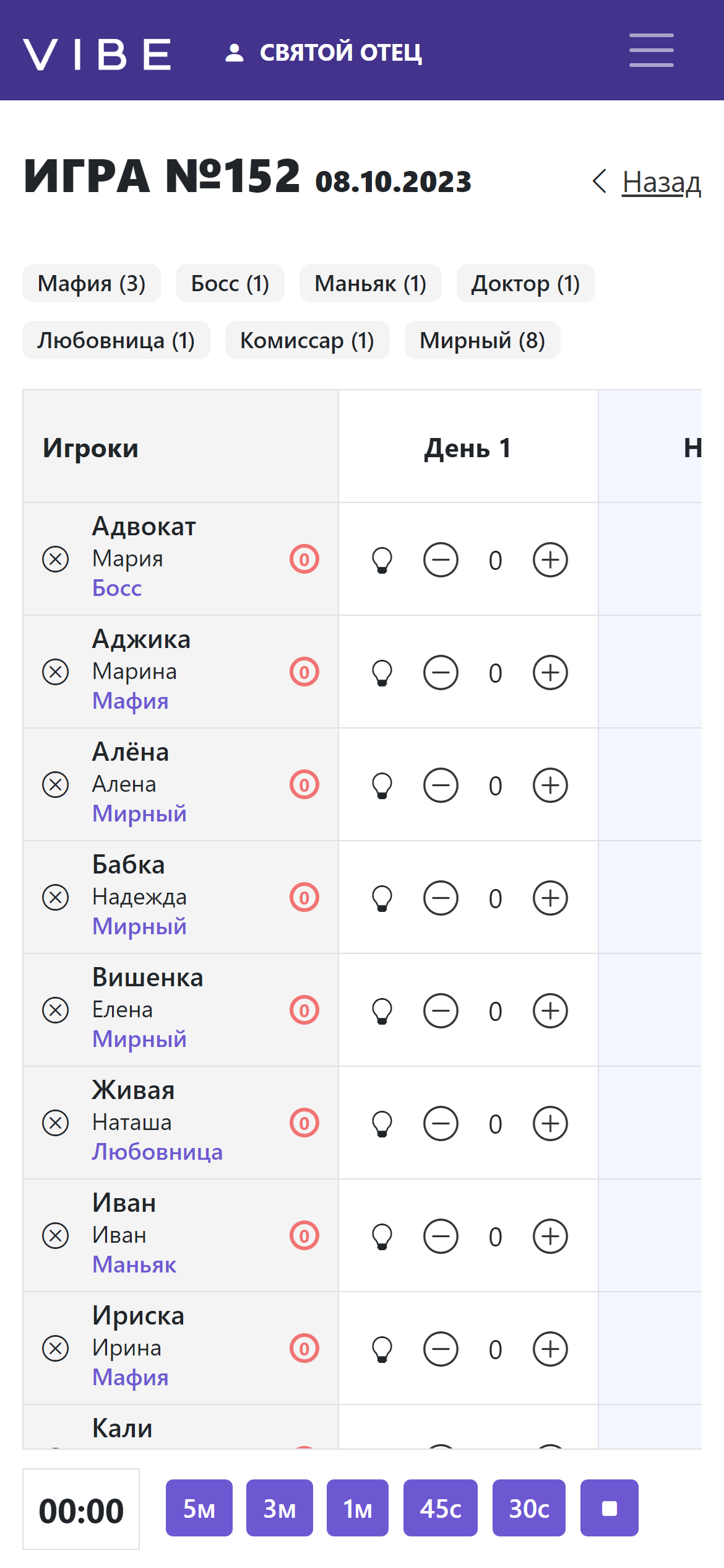 Управление игрой для ведущего мобильная версия